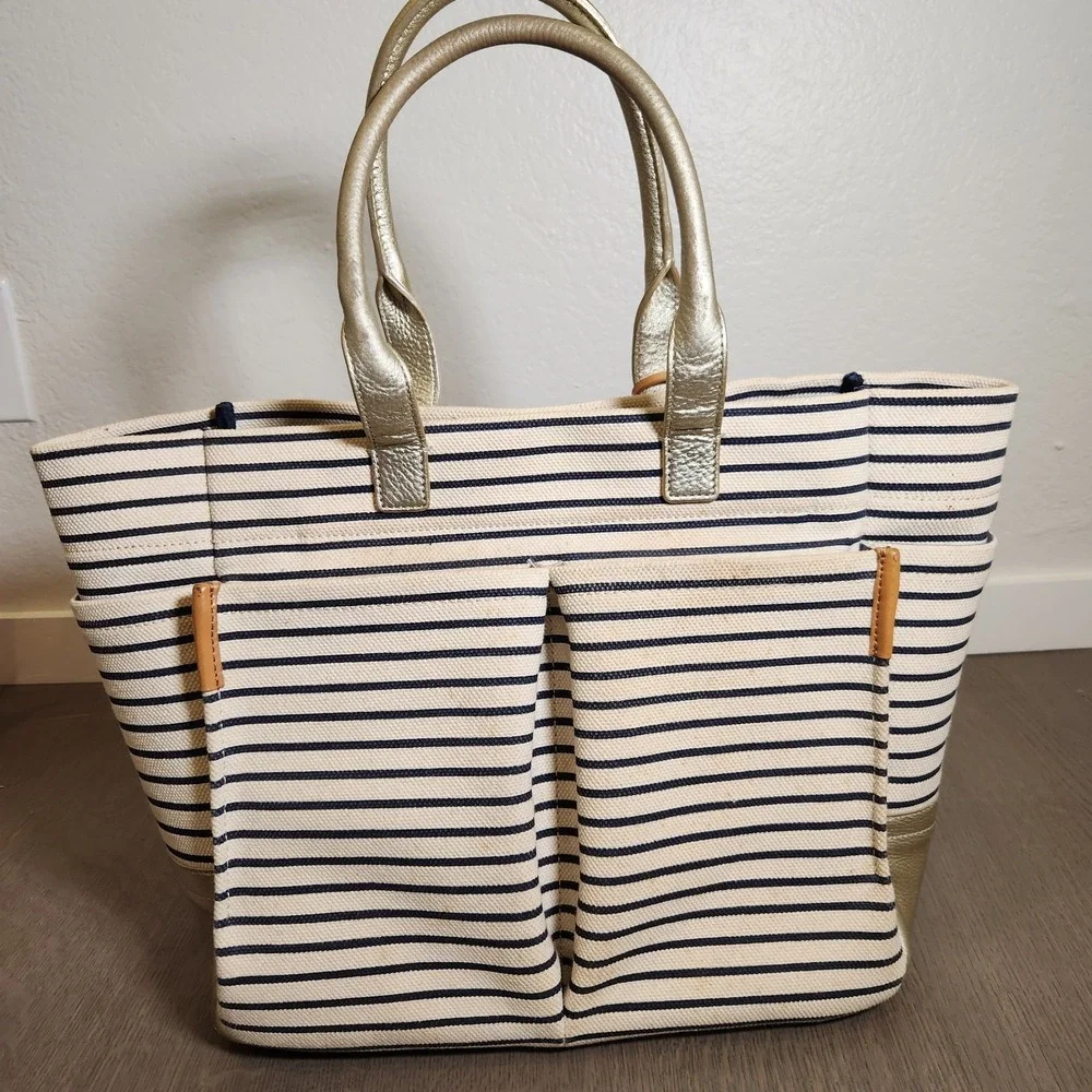 Tory Burch Striped Canvas Gold Metallic Leather Tote Bag Handbag Purse Nautical